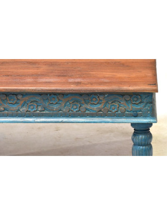Konferenčný stolík z teakového dreva, ručné rezby, tyrkysová patina, 120x75x46cm