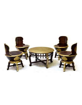 Stolček a 4 stoličky z palisandrového dreva zdobené mosadzou