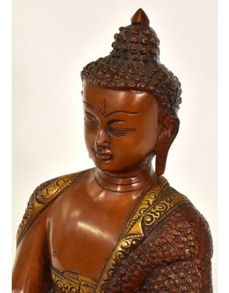 Budha Šakjamúni, mosadzná soška, medená patina, 30x23x39cm