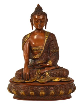 Budha Šakjamúni, mosadzná soška, medená patina, 30x23x39cm