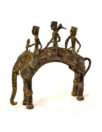 Jazdci na slonovi, mosadzná soška, tribal art, 20x7x18cm
