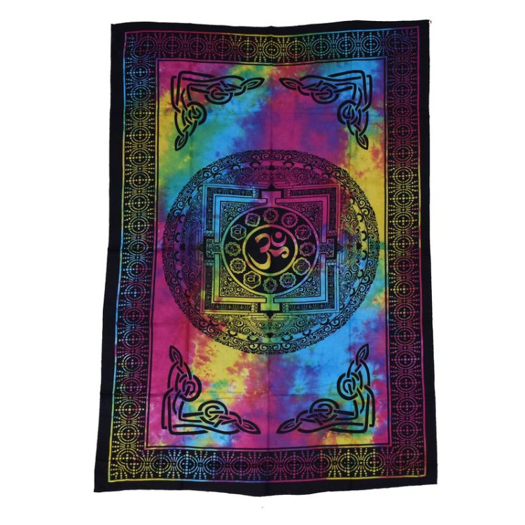 Prikrývka cez posteľ s tibetskou mandalou, farebná batika, 140x200cm