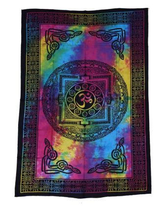 Prikrývka cez posteľ s tibetskou mandalou, farebná batika, 140x200cm