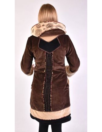 Hnedo-béžový zamatový kabátik s kapucňou, patchwork a Chakra tlač