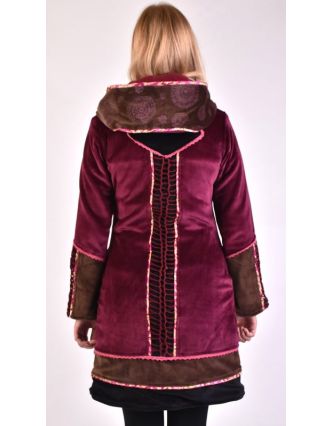 Ružovo-hnedý zamatový kabátik s kapucňou, patchwork a Chakra tlač