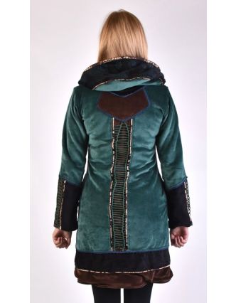 Smaragdový-hnedý zamatový kabátik s kapucňou, patchwork a Chakra tlač
