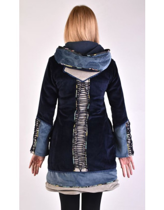 Modro-sivý zamatový kabátik s kapucňou, patchwork a Chakra tlač