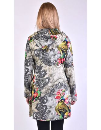 Kabát s kapucňou z tričkoviny, zapínaný na zips, potlač papagájov a kvetín