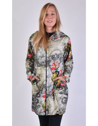Kabát s kapucňou z tričkoviny, zapínaný na zips, potlač papagájov a kvetín