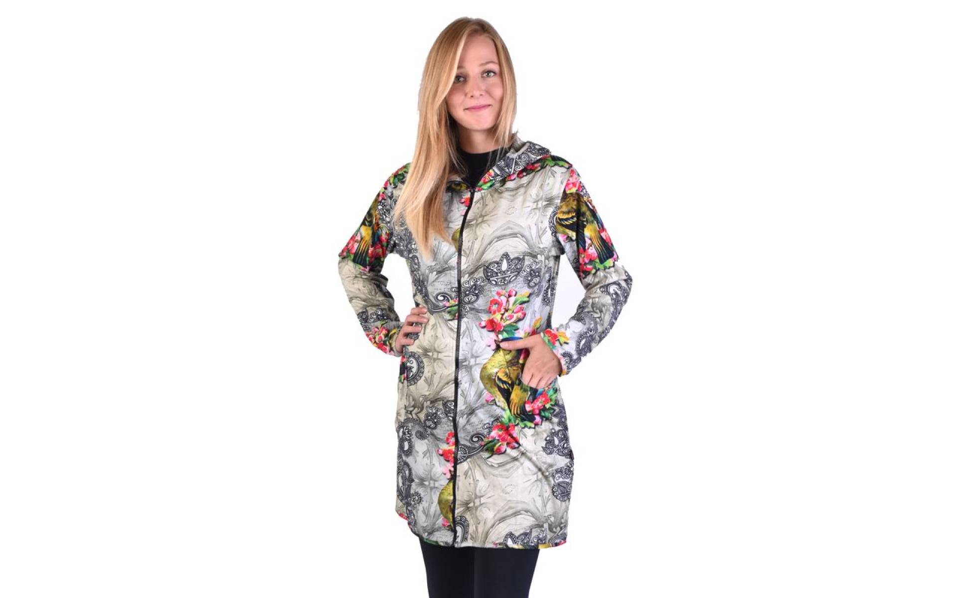 Kabát s kapucňou, zapínaný na zips, potlač papagájov a kvetov