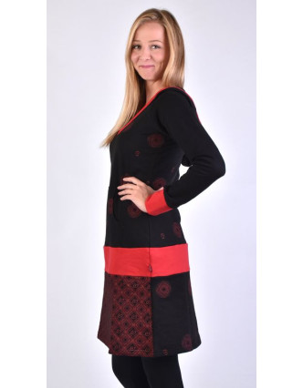 Mikinové šaty, dlhý rukáv, čierno-červené, kapucňa, vrecko