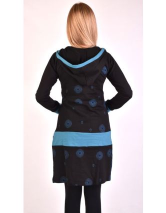 Mikinové šaty, dlhý rukáv, čierno-modré s kapucňou, vreckom a potlačou