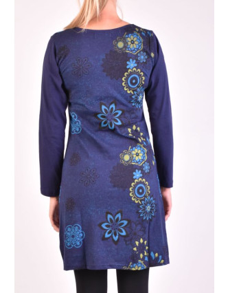 Krátke šaty s dlhým rukávom, tmavo modrá, potlač kvetín