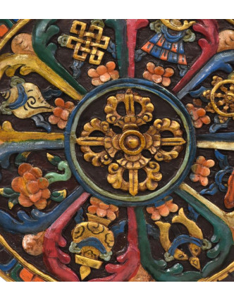 Drevený panel, Aštamangala, 8 šťastných symbolov, ručne maľované, 38x38x2cm