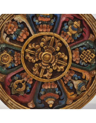 Drevený panel, Aštamangala, 8 šťastných symbolov, ručne maľované, 29x29x2cm
