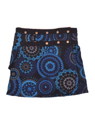 Krátka fleecová sukňa zapínaná na patentky, Mandala dizajn, modrá, kapsička