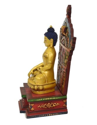 Drevený trón s keramickou sochou Budhu Šákjamuniho, 32x22x50cm