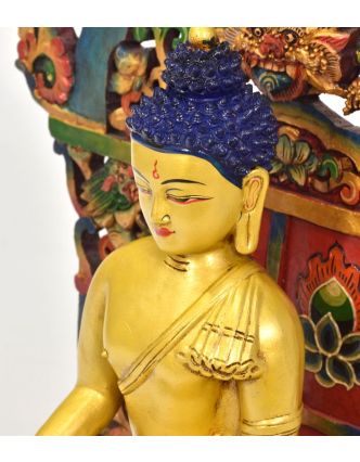 Drevený trón s keramickou sochou Budhu Šákjamuniho, 32x22x50cm