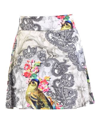 Krátka sukňa, elastický pás, potlač papagájov a kvetov