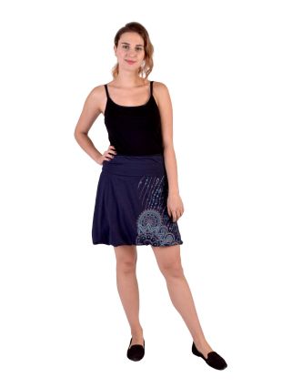 Krátka balónová sukňa, tmavo modrá s potlačou a výšivkou, elastický pás
