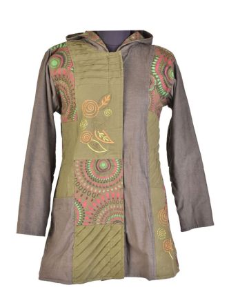 Khaki kabát s kapucňou a potlačou Mandal, kombinácia manžestr-bavlna, výšivka