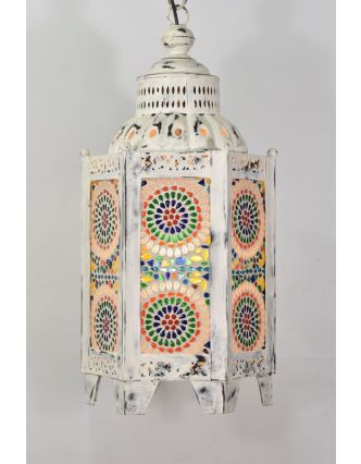 Kovová lucerna, biela patina, farebná mozaika, 26x26x60cm