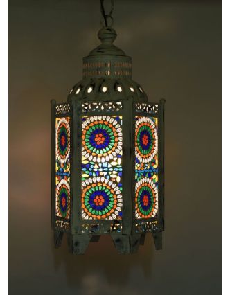 Kovová lucerna, biela patina, farebná mozaika, 26x26x60cm