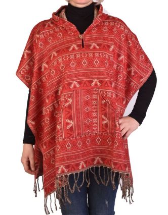 Farebné pončo s kapucňou a strapcami, vzor mini aztec, červená