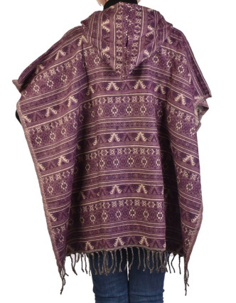 Farebné pončo s kapucňou a strapcami, vzor mini aztec, fialová