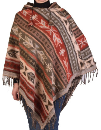 Farebné pončo s kapucňou a strapcami, vzor aztec, béžovo-červené