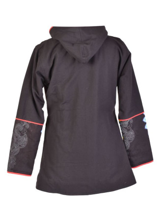 Čierno-červený kabát s kapucňou zapínaný na zips, farebný Mandala potlač, lemy