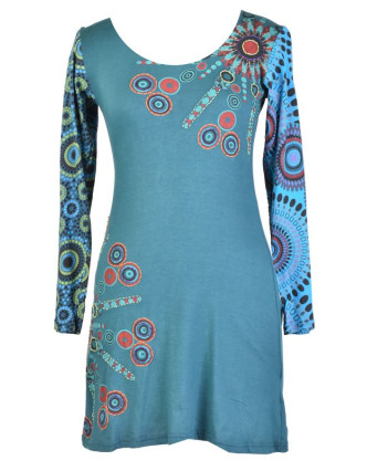 Modré šaty s dlhým rukávom, Sun dizajn, okrúhly výstrih, potlač a výšivka
