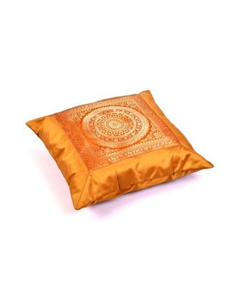 Oranžovo-medová saténová obliečka na vankúš s výšivkou mandala, zips, 40x40cm