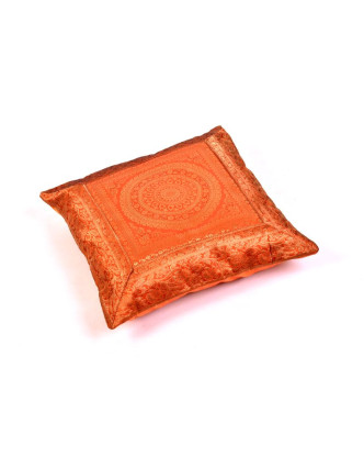 Oranžový saténový povlak na vankúš s výšivkou mandala, zips, 40x40cm