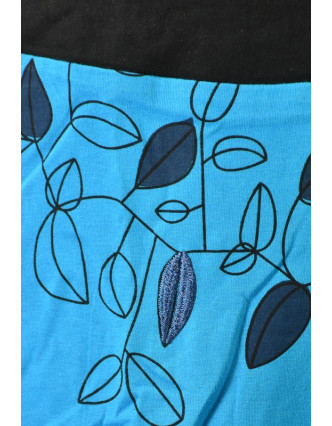 Krátka tyrkysová balónová sukňa, &quot;Leaves&quot; dizajn, čierny potlač a výšivka