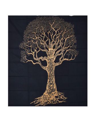 Prikrývka s tlačou, strom života, čierno-zlatý, 230x200 cm
