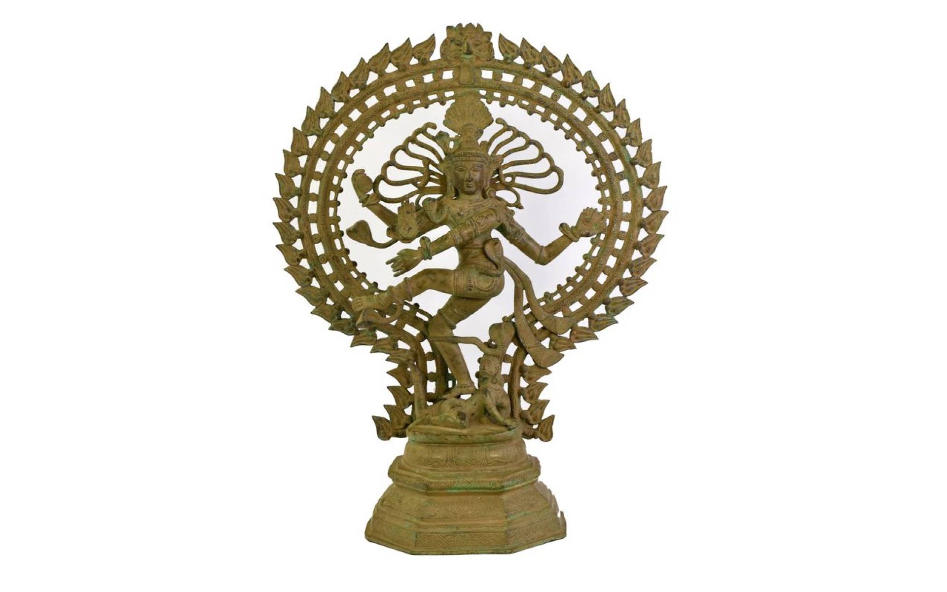 Soška Šiva Natarádža, mosadz, tyrkysová patina, tancujúca v kruhu, 60x20x75cm