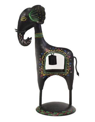 Soška slona so zvončekom, ručne maľovaný kov, čierny, 23x15x38cm