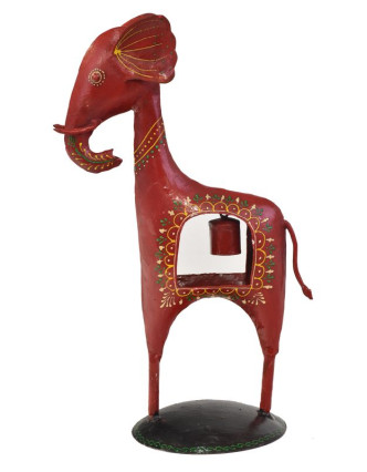 Soška slona so zvončekom, ručne maľovaný kov, červený, 23x15x38cm