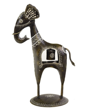 Soška slona so zvončekom, ručne maľovaný kov, čierny, 24x13x35cm