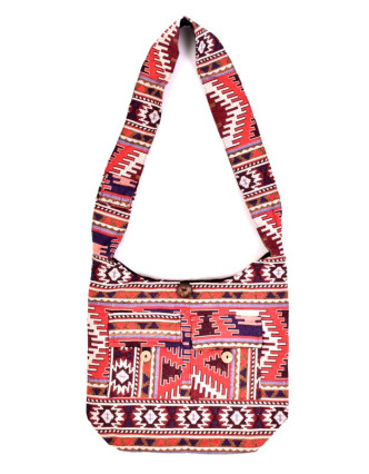 Taška cez rameno, farebná, veľká, Aztec dizajn, 2 predné vrecká, zips, 40x36 cm