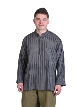 Pruhovaná pánska košeľa-kurta s dlhým rukávom a vreckom, čierno šedá