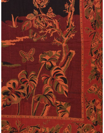 Prikrývka na posteľ, s motívom stromu, vtáky a motýle, strapce, čierno-vínový, 210x26