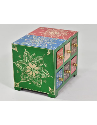 Ručne maľovaná drevená skrinka so šiestimi zásuvkami, 19x14x14cm