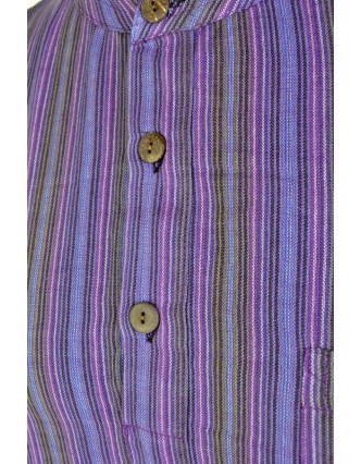 Pruhovaná pánska košeľa-kurta s krátkym rukávom a vreckom, fialová