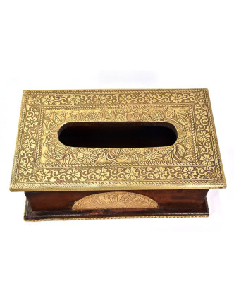 Krabička na vreckovky, drevené, zdobená mosadzným plechom, 26x15x10cm