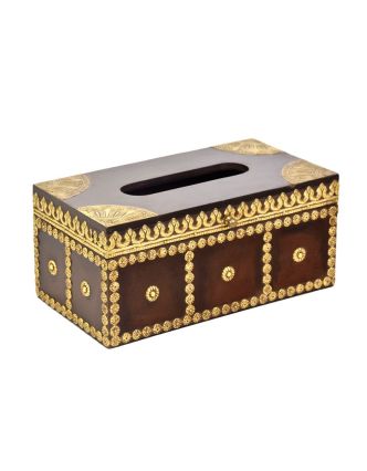 Krabička na vreckovky, drevené, zdobená mosadzným plechom, 28x15x13cm