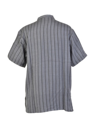 Pruhovaná pánska košeľa-kurta s krátkym rukávom a vreckom, šedo čierna