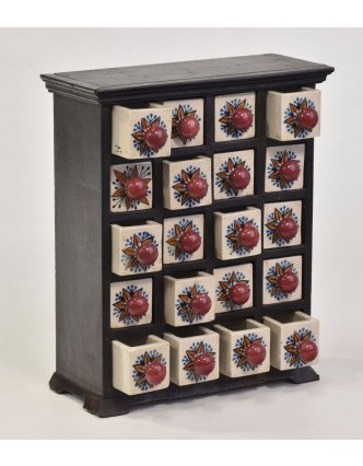 Drevená skrinka s 20 keramickými šuplíčky, 29x13x35cm