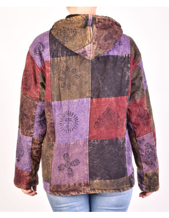 Pánska bunda s kapucňou zapínaná na zips, fialovo-hnedá, potlač, stone wash
